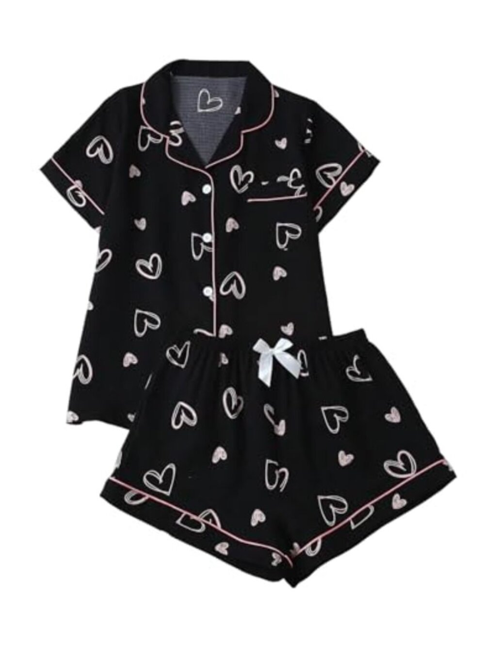 Heart Print Button Down Pajama Set Short Sleeve Pjs